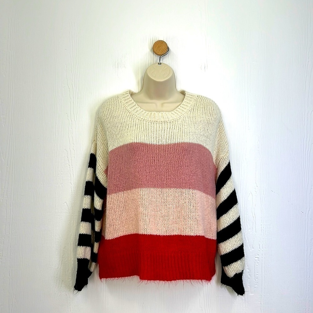 Angel Kiss - Oversized Color Block And Stripe Knit Long Sleeve Sweater Size Sm